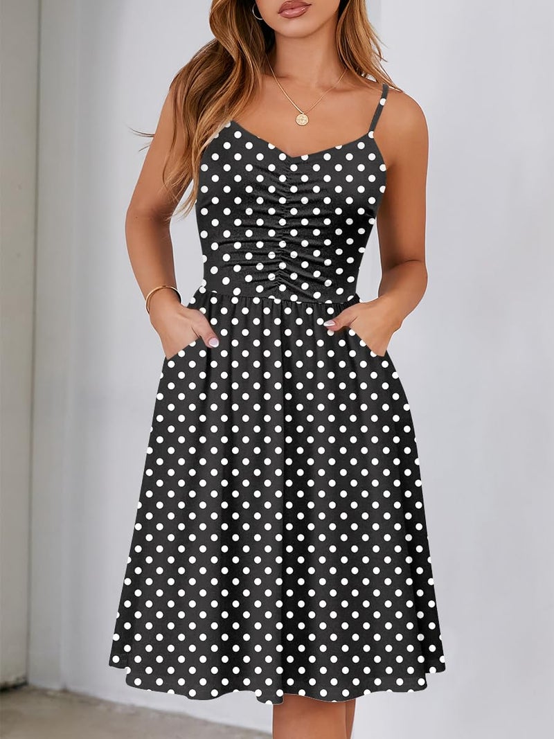 YATHON Casual Dresses for Women Sleeveless Cotton Summer Beach Dress A Line Spaghetti Strap Sundresses with Pockets (XL, YT090-Black Dot) - Image 3
